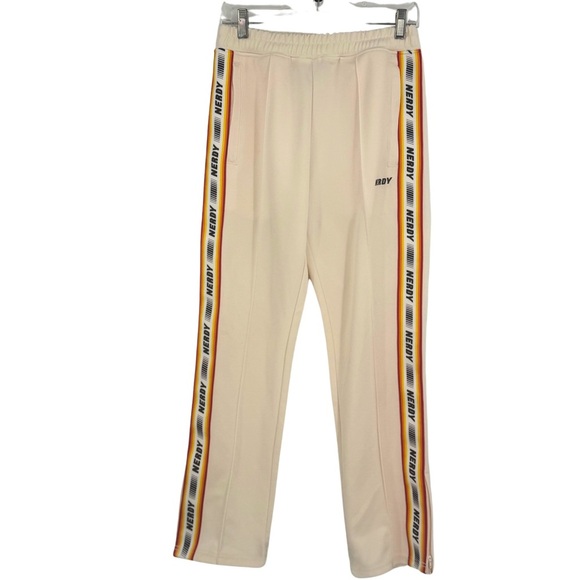 Nerdy Korean Style Cream Racerstripe Track Pants Elastic Drawstring Waistband, S - Picture 3 of 10